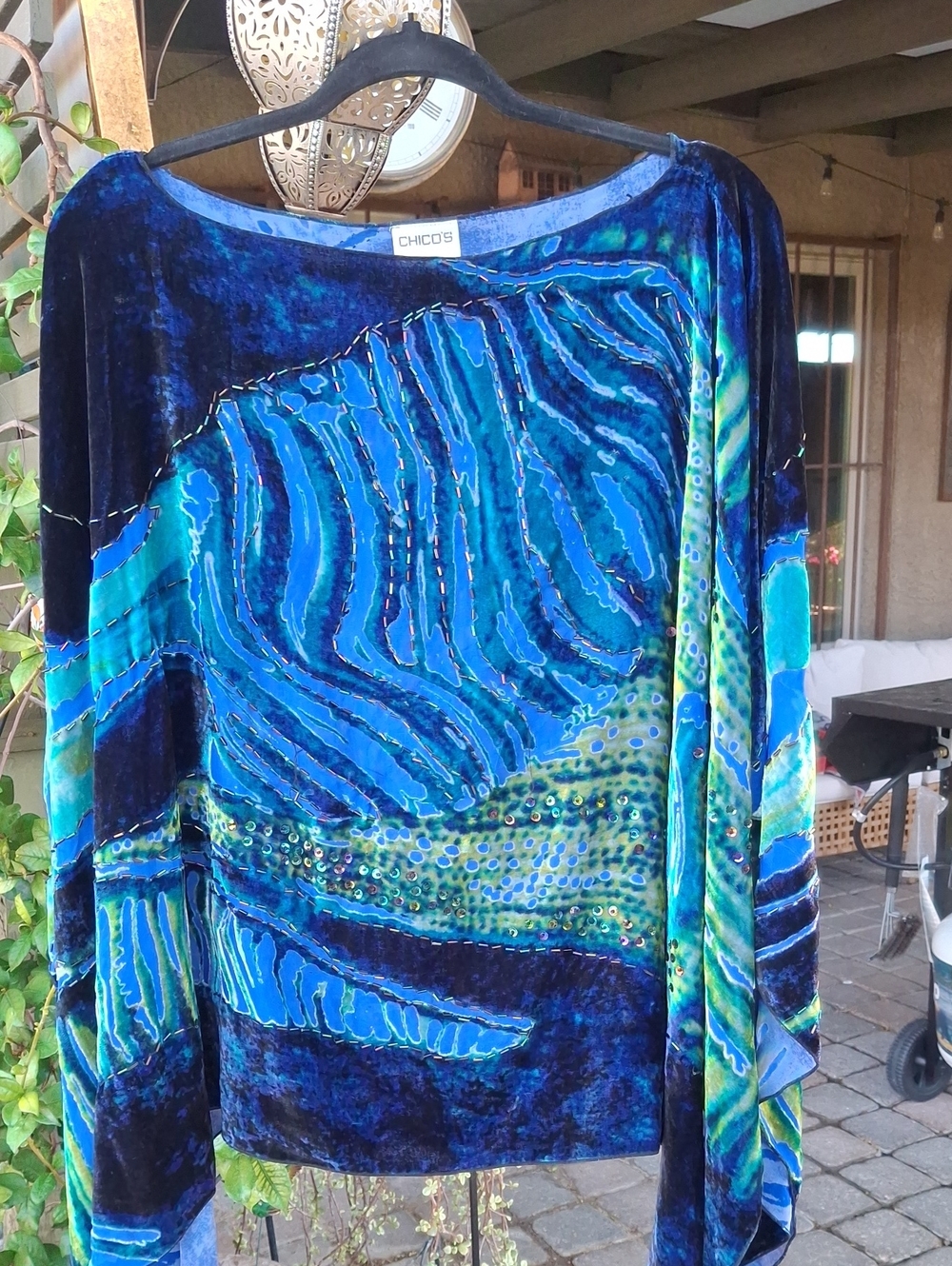 Chico's Ocean Blue & Green Burn Out Velvet Beaded Poncho